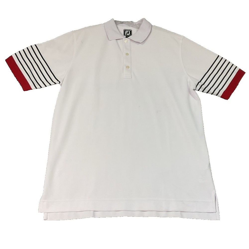 Footjoy Polo Shirt Mens Size L Pink/White Striped Sleeve Stretch‎ Golf Shirt